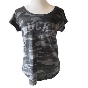 Lucky Brand Edgy Distressed Women Camo Glitter Graphic Tee‎ Small Gray Military